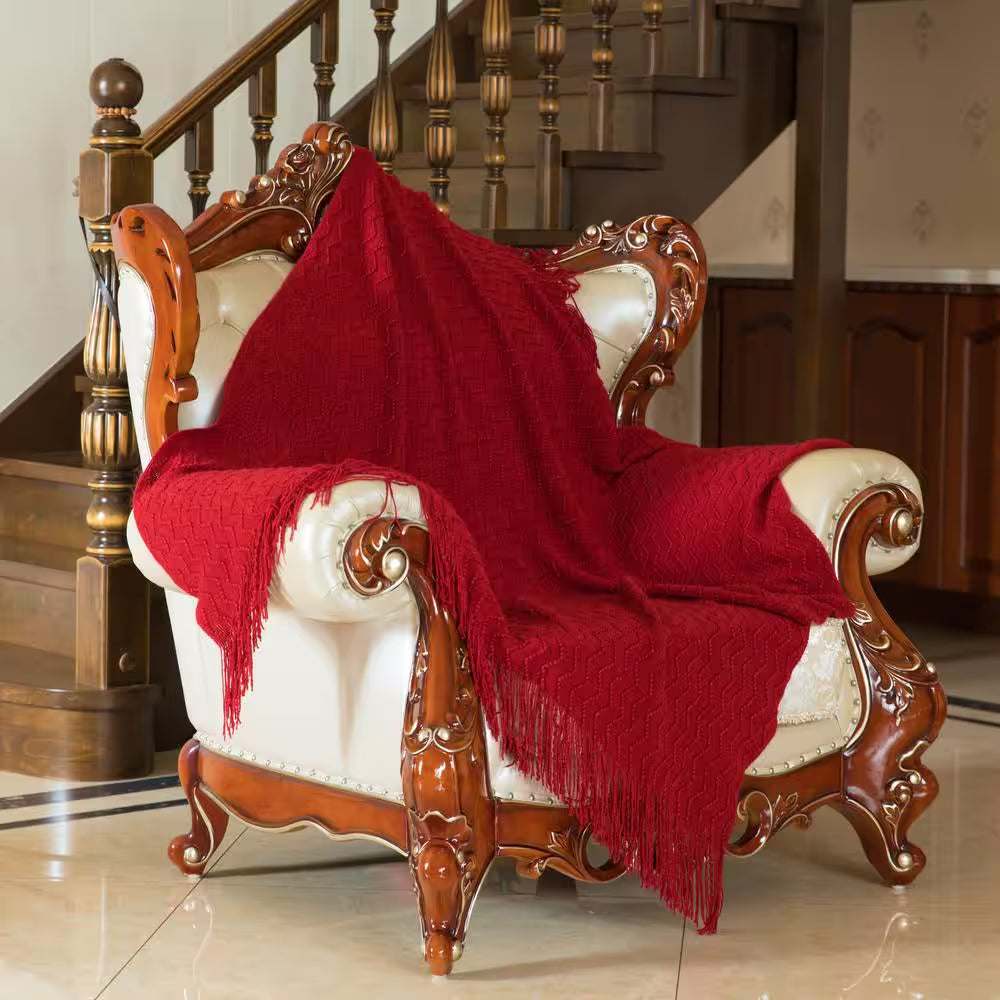 Red Decorative Chevron Pattern Knit Throw Blanket with Fringe