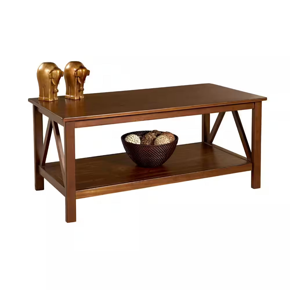 Titian 44 In. Antique Tobacco Rectangle Wood Top Coffee Table with Shelf