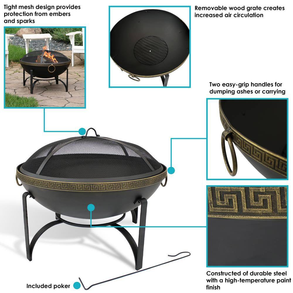 26-In Contemporary Steel Fire Bowl with Handles and Spark Screen