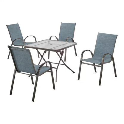 Mix and Match Stackable Brown Steel Sling Outdoor Patio Dining Chair in Denim