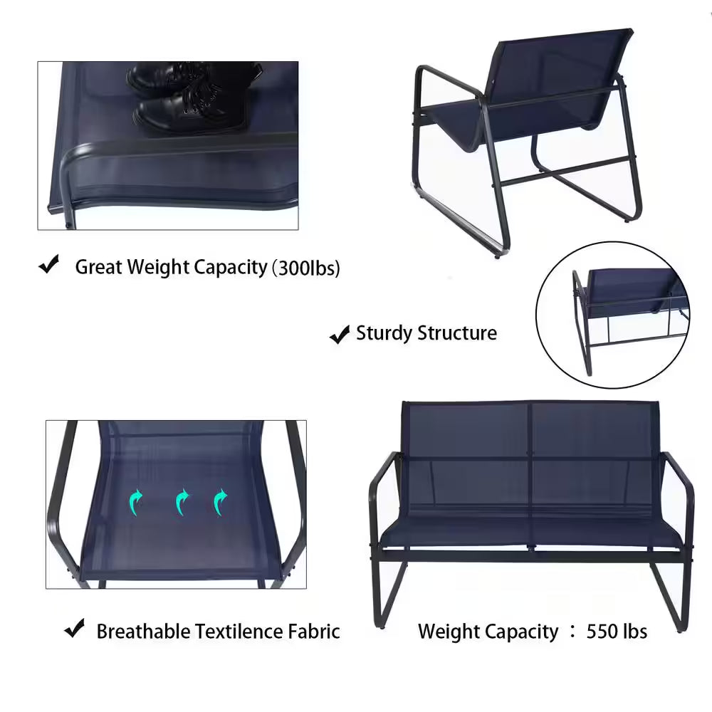 Gray 4-Piece Metal Patio Conversation Set with Blue Breathable Textilence Seating