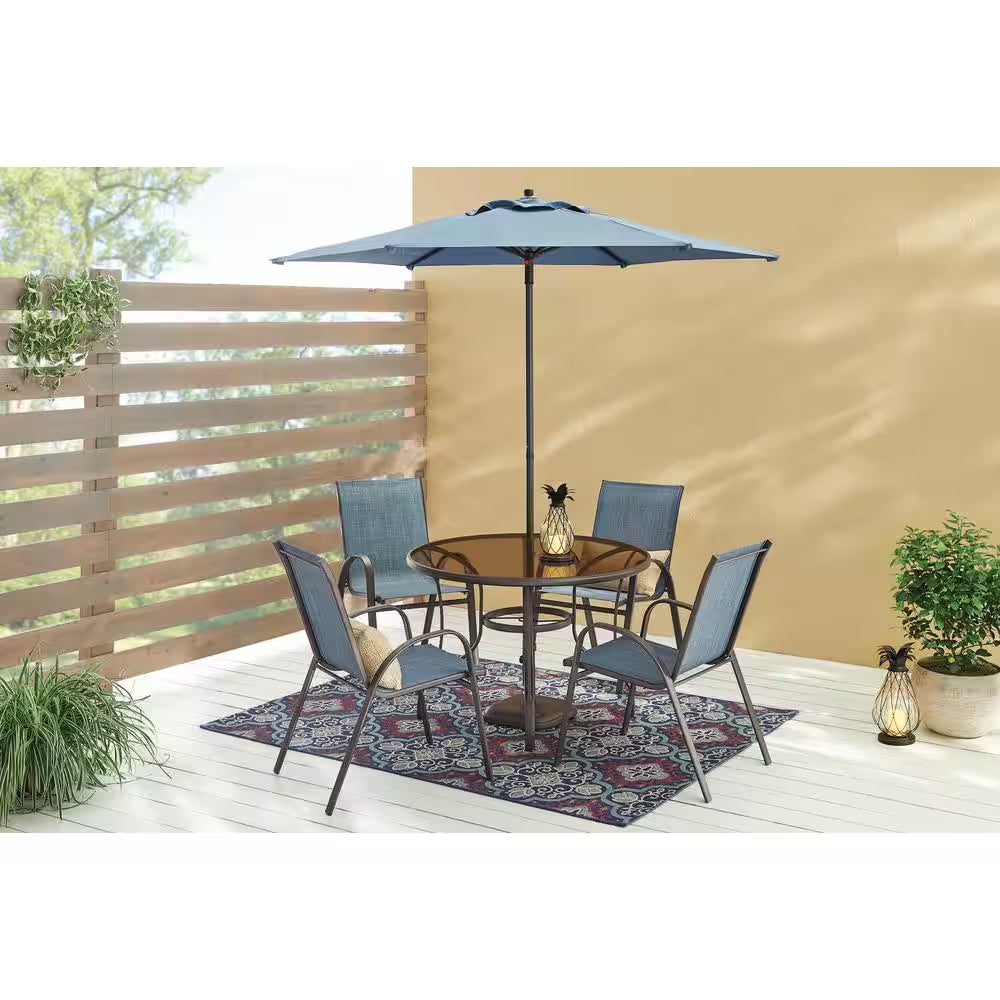 Mix and Match Stackable Brown Steel Sling Outdoor Patio Dining Chair in Denim