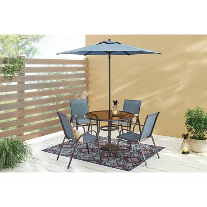 Mix and Match Stackable Brown Steel Sling Outdoor Patio Dining Chair in Denim