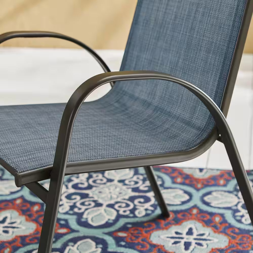Mix and Match Stackable Brown Steel Sling Outdoor Patio Dining Chair in Denim