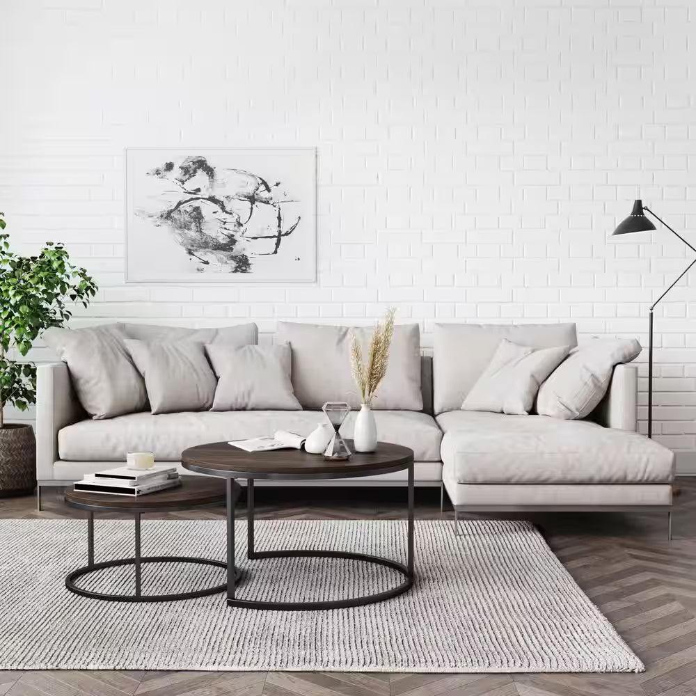 Stella 32 In. 2-Piece Nutmeg/Black round Particle Board Top Coffee Table Set with Nesting Tables