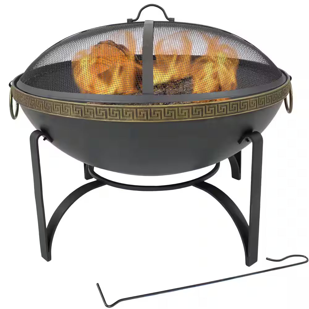 26-In Contemporary Steel Fire Bowl with Handles and Spark Screen