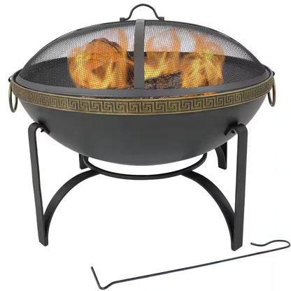 26-In Contemporary Steel Fire Bowl with Handles and Spark Screen