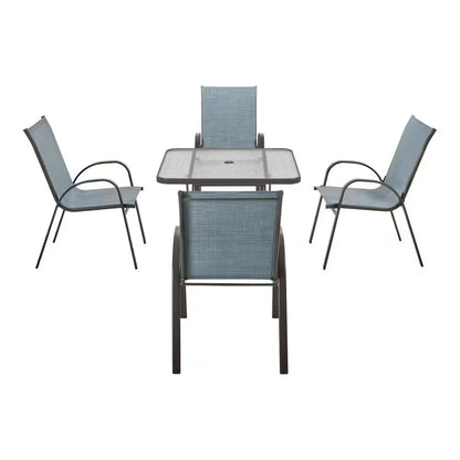 Mix and Match Stackable Brown Steel Sling Outdoor Patio Dining Chair in Denim