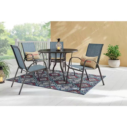 Mix and Match Stackable Brown Steel Sling Outdoor Patio Dining Chair in Denim