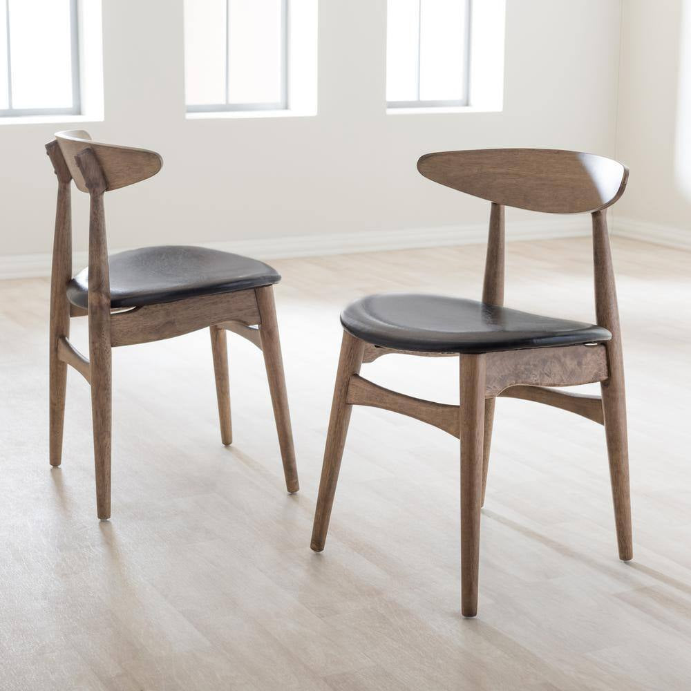 Flora Black Faux Leather and Medium Brown Wood Dining Chairs (Set of 2)