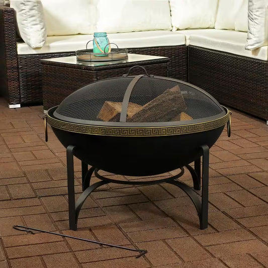 26-In Contemporary Steel Fire Bowl with Handles and Spark Screen