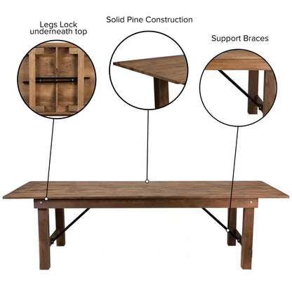 Hercules Series 9 Ft. X 40 In. Rustic Solid Pine Folding Dining Table, Rectangular Farmhouse Dining and Event Table