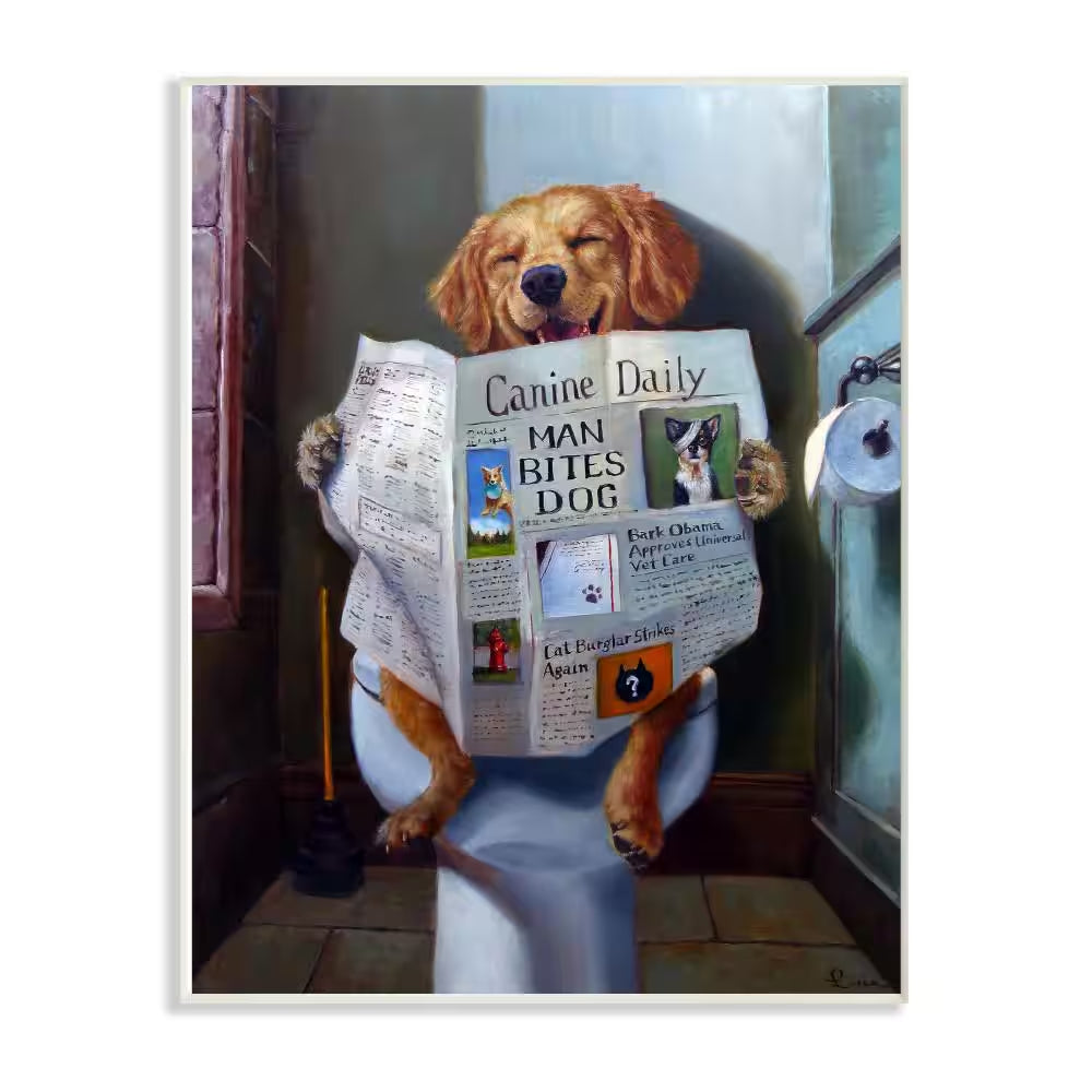 10 In. X 15 In. "Dog Reading the Newspaper on Toilet Funny Painting" by Artist Lucia Heffernan Wood Wall Art