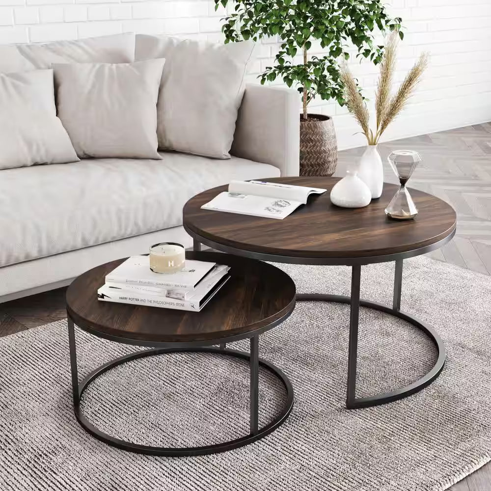 Stella 32 In. 2-Piece Nutmeg/Black round Particle Board Top Coffee Table Set with Nesting Tables