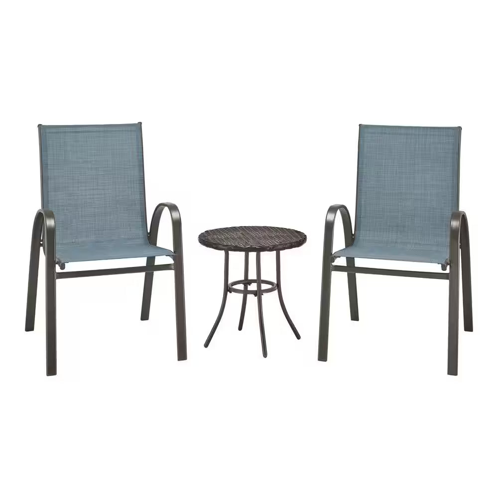 Mix and Match Stackable Brown Steel Sling Outdoor Patio Dining Chair in Denim