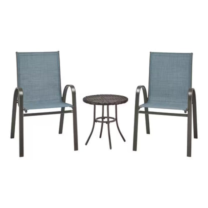 Mix and Match Stackable Brown Steel Sling Outdoor Patio Dining Chair in Denim