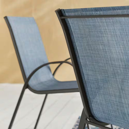 Mix and Match Stackable Brown Steel Sling Outdoor Patio Dining Chair in Denim