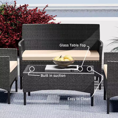 4-Piece Black Patio Outdoor Furniture Wicker Conversation Set with Beige Cushions, 1-Loveseat, 2-Chairs and Coffee Table