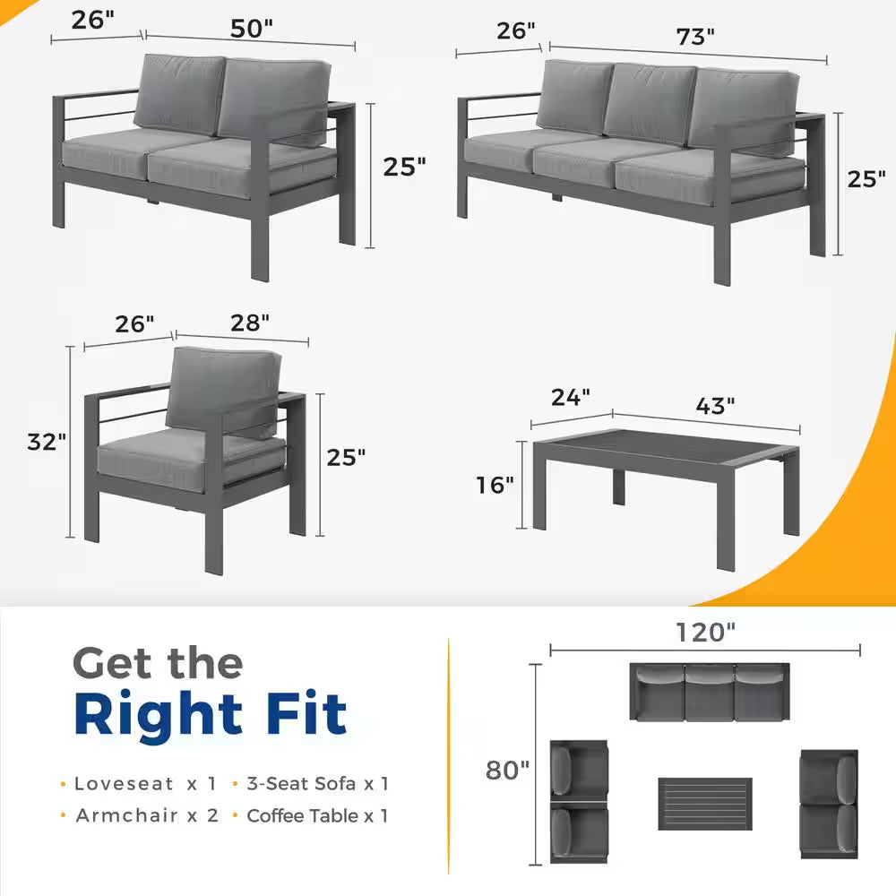 Grey 5-Piece Aluminum Patio Conversation Set with Dark Grey Cushions
