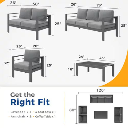 Grey 5-Piece Aluminum Patio Conversation Set with Dark Grey Cushions