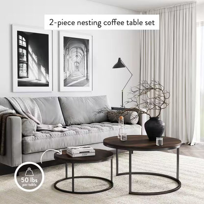 Stella 32 In. 2-Piece Nutmeg/Black round Particle Board Top Coffee Table Set with Nesting Tables