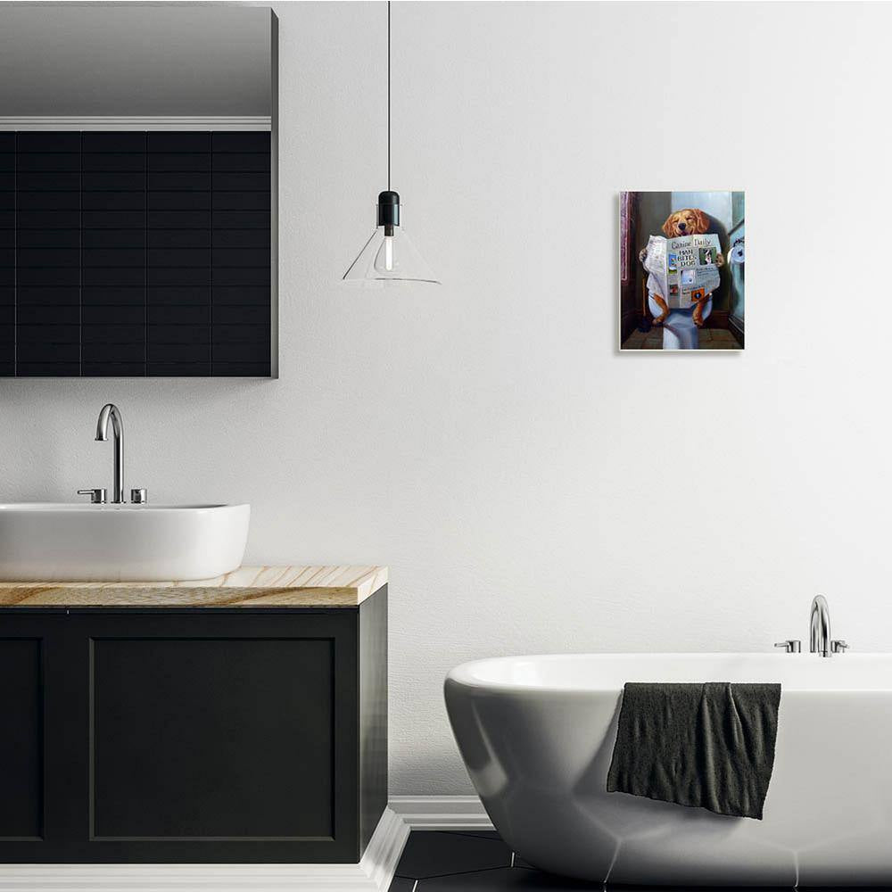 10 In. X 15 In. "Dog Reading the Newspaper on Toilet Funny Painting" by Artist Lucia Heffernan Wood Wall Art