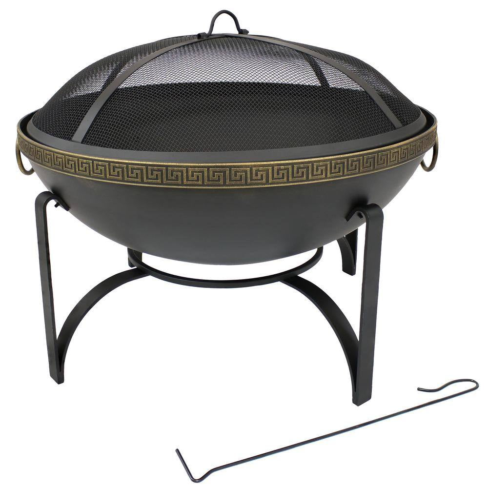 26-In Contemporary Steel Fire Bowl with Handles and Spark Screen