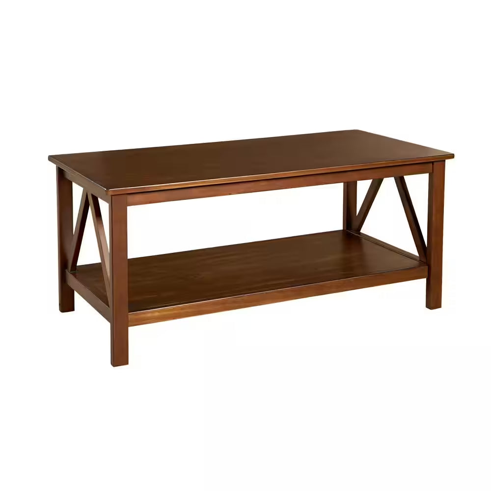 Titian 44 In. Antique Tobacco Rectangle Wood Top Coffee Table with Shelf
