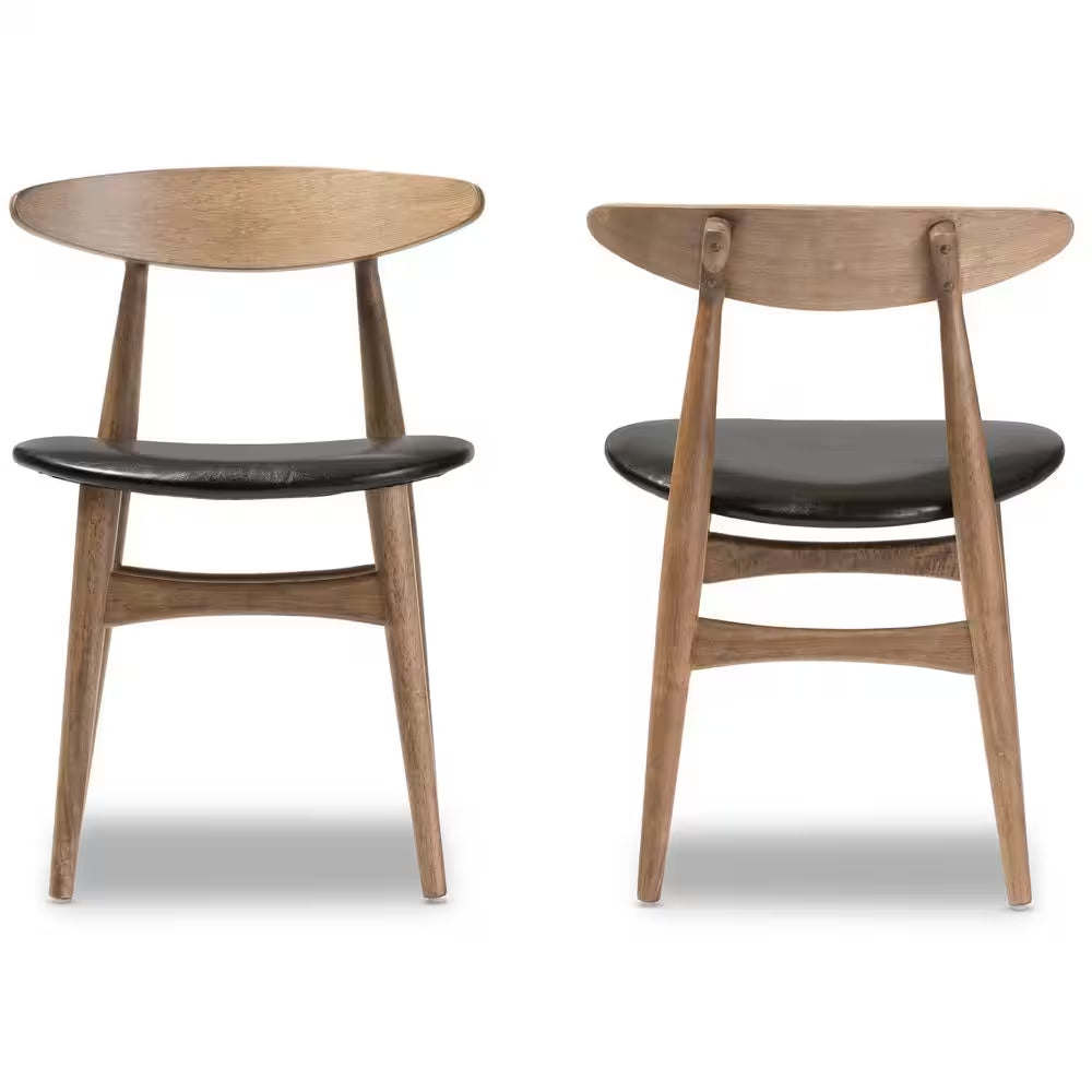 Flora Black Faux Leather and Medium Brown Wood Dining Chairs (Set of 2)