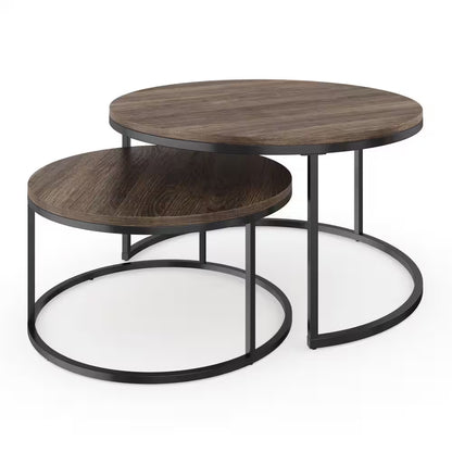 Stella 32 In. 2-Piece Nutmeg/Black round Particle Board Top Coffee Table Set with Nesting Tables