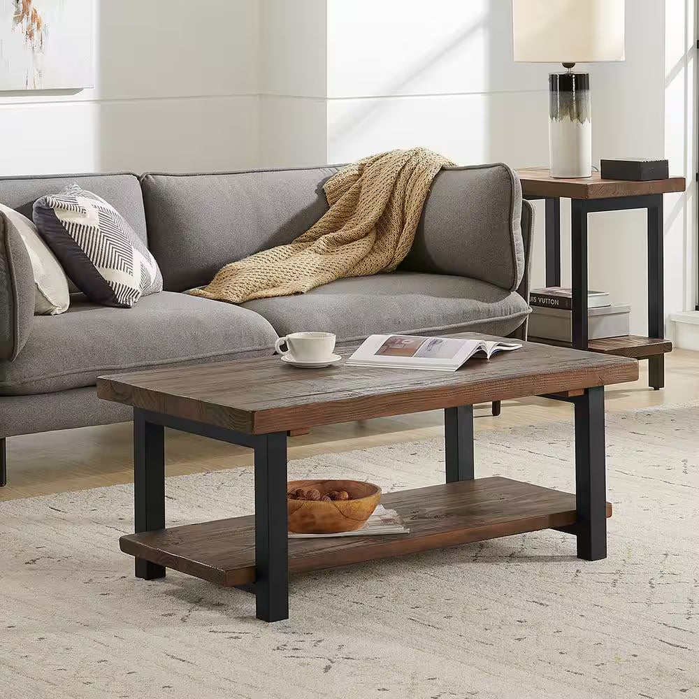 Pomona 42 In. Rustic/Natural Rectangle Wood Top Coffee Table with Shelf