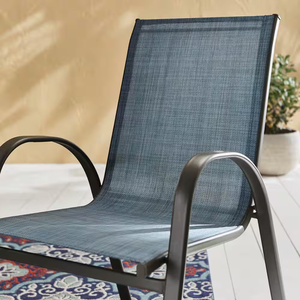 Mix and Match Stackable Brown Steel Sling Outdoor Patio Dining Chair in Denim