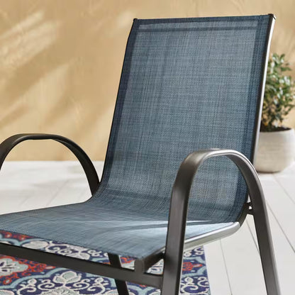 Mix and Match Stackable Brown Steel Sling Outdoor Patio Dining Chair in Denim