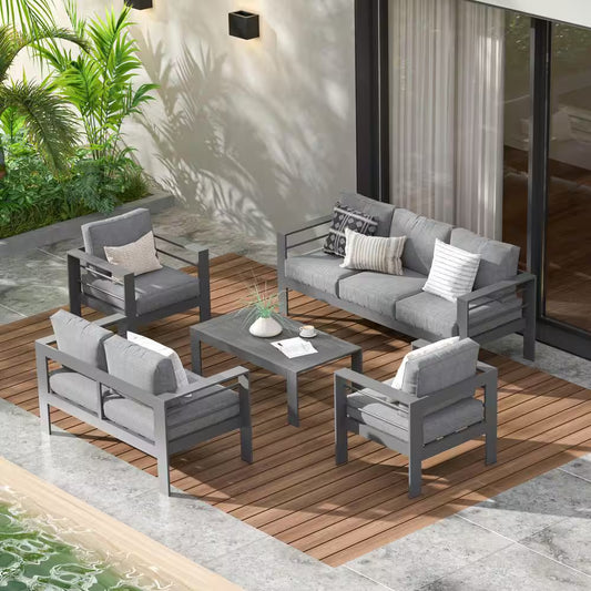Grey 5-Piece Aluminum Patio Conversation Set with Dark Grey Cushions