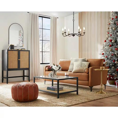 Goodwin 75.6 In. Square Arm Faux Leather Mid-Century Modern Sofa with Bolster Pillows in Caramel Brown