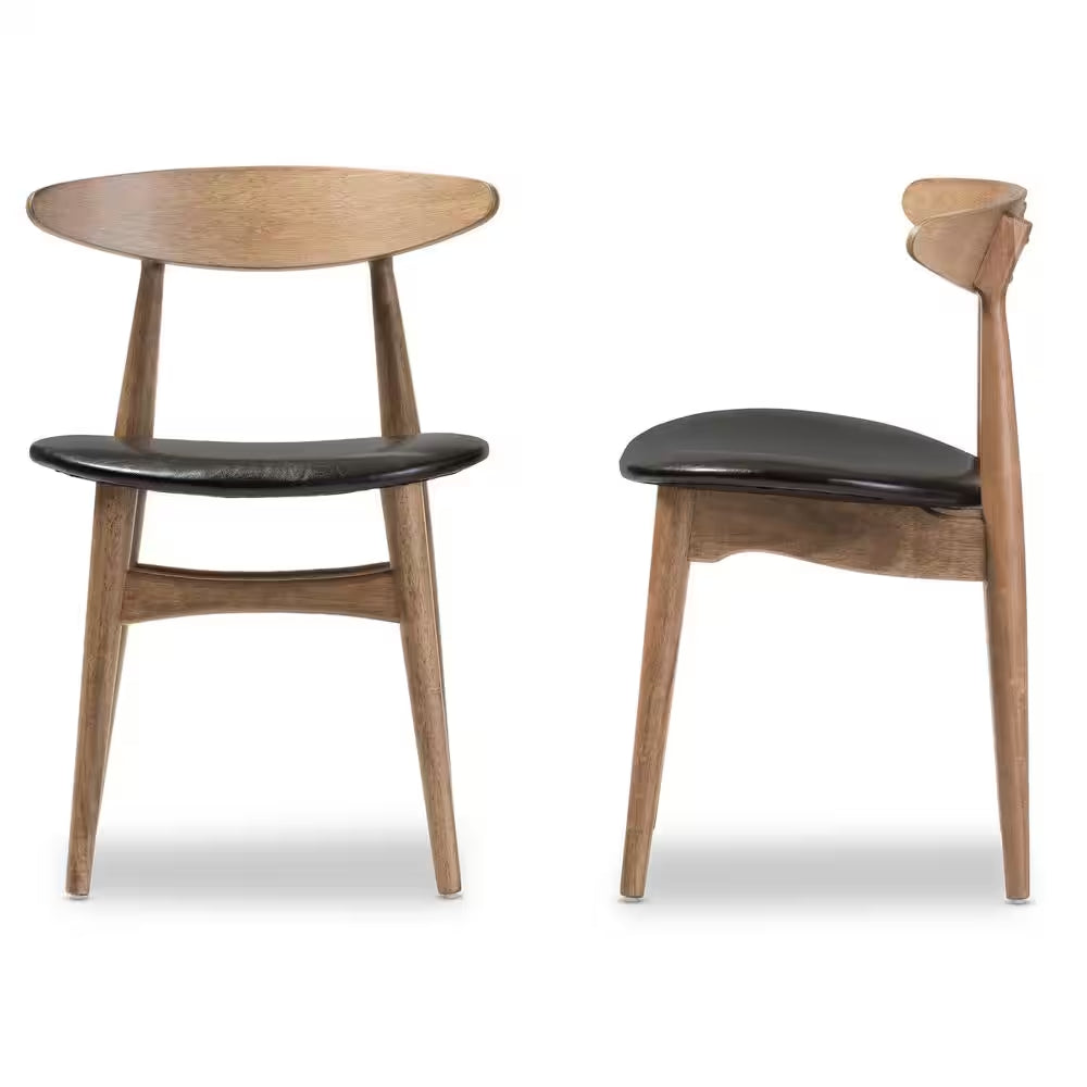 Flora Black Faux Leather and Medium Brown Wood Dining Chairs (Set of 2)