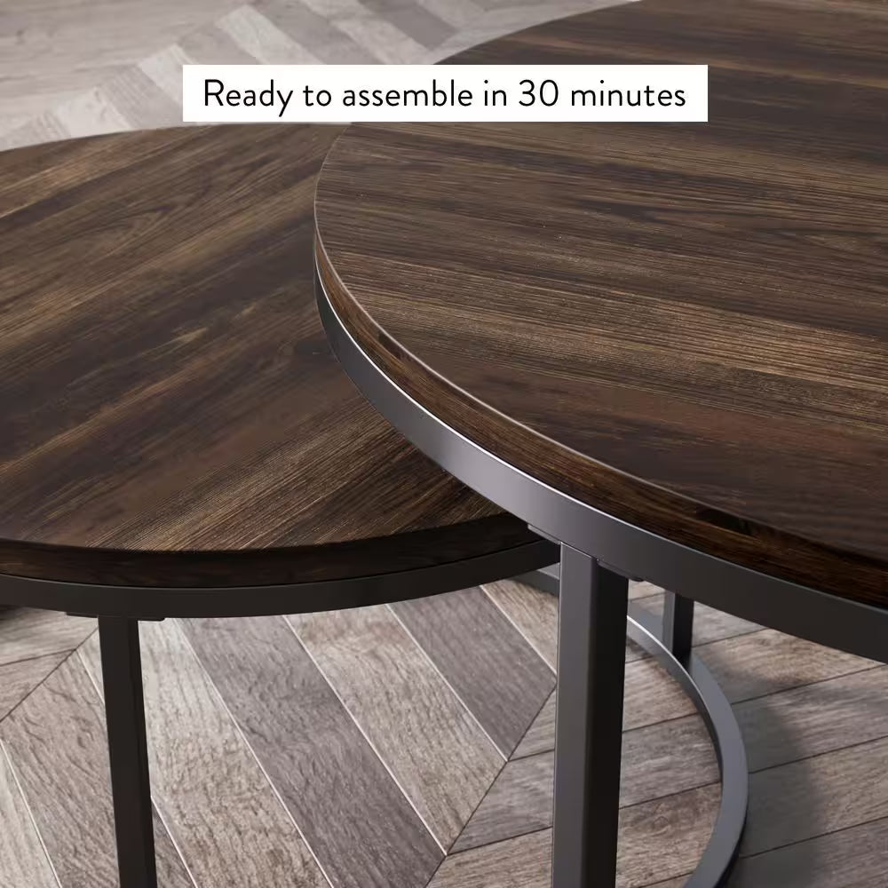 Stella 32 In. 2-Piece Nutmeg/Black round Particle Board Top Coffee Table Set with Nesting Tables
