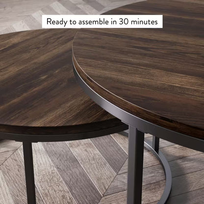 Stella 32 In. 2-Piece Nutmeg/Black round Particle Board Top Coffee Table Set with Nesting Tables
