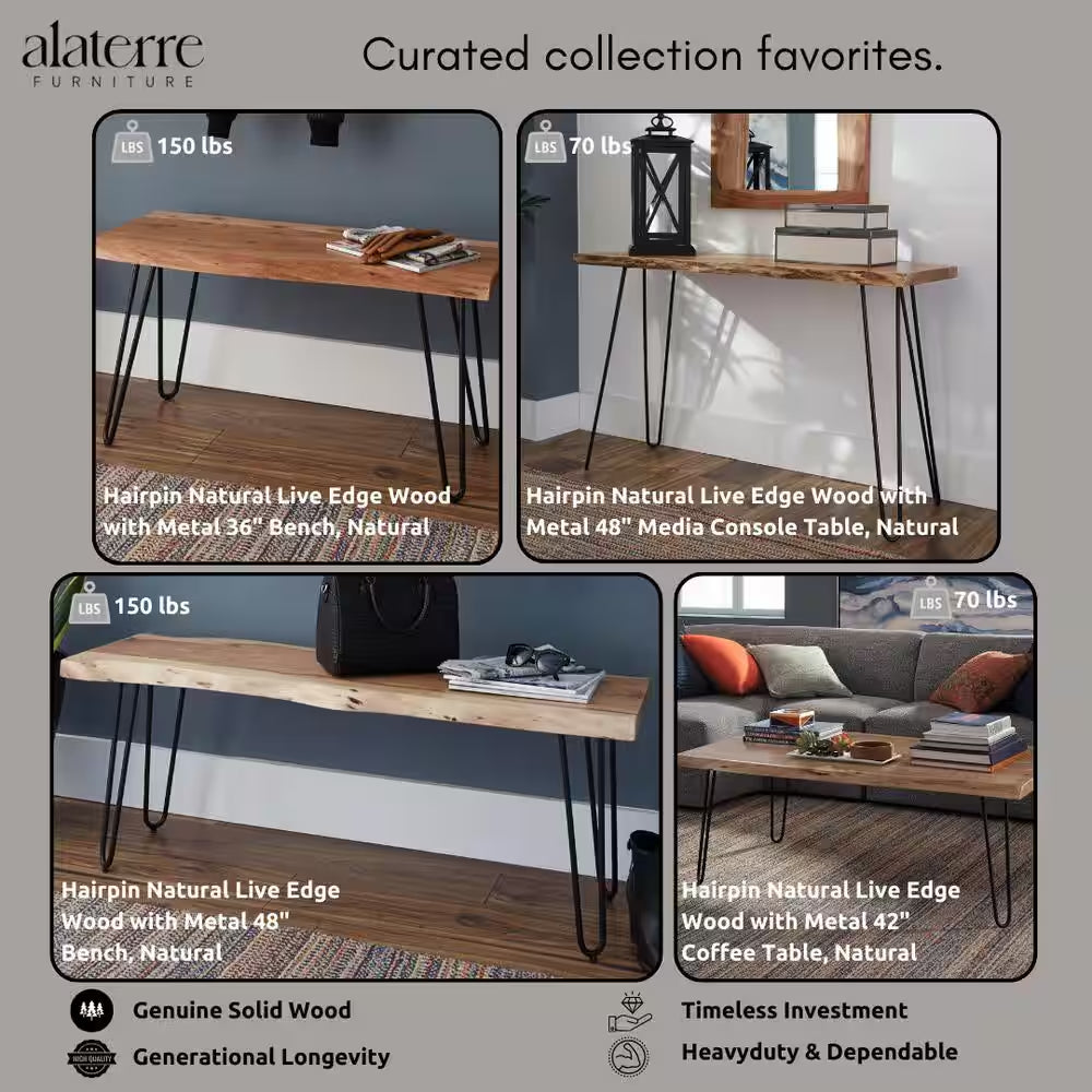 Hairpin 36 In. Brown Natural Live Edge Wood with Metal Dining Bench