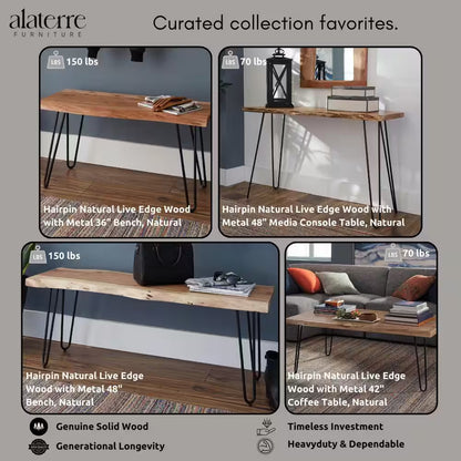 Hairpin 36 In. Brown Natural Live Edge Wood with Metal Dining Bench