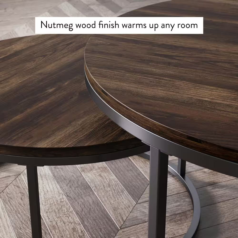 Stella 32 In. 2-Piece Nutmeg/Black round Particle Board Top Coffee Table Set with Nesting Tables