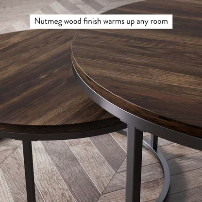 Stella 32 In. 2-Piece Nutmeg/Black round Particle Board Top Coffee Table Set with Nesting Tables