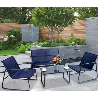 Gray 4-Piece Metal Patio Conversation Set with Blue Breathable Textilence Seating