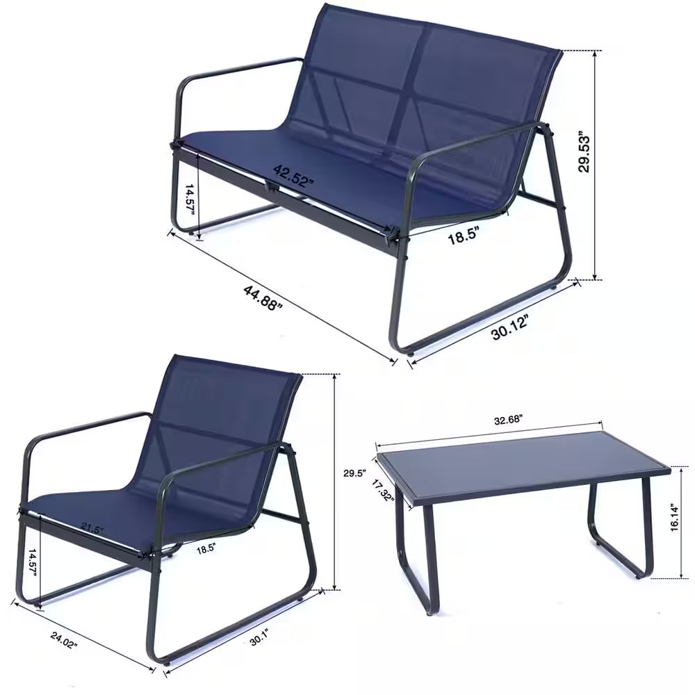 Gray 4-Piece Metal Patio Conversation Set with Blue Breathable Textilence Seating