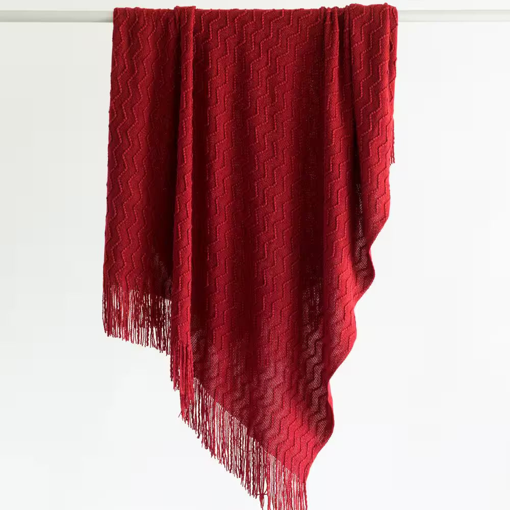 Red Decorative Chevron Pattern Knit Throw Blanket with Fringe