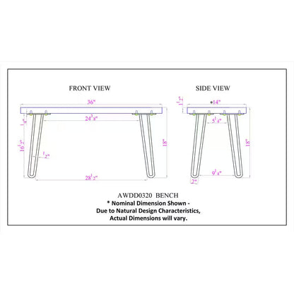 Hairpin 36 In. Brown Natural Live Edge Wood with Metal Dining Bench