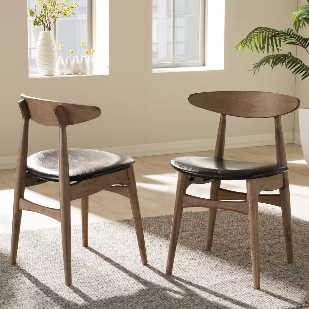 Flora Black Faux Leather and Medium Brown Wood Dining Chairs (Set of 2)