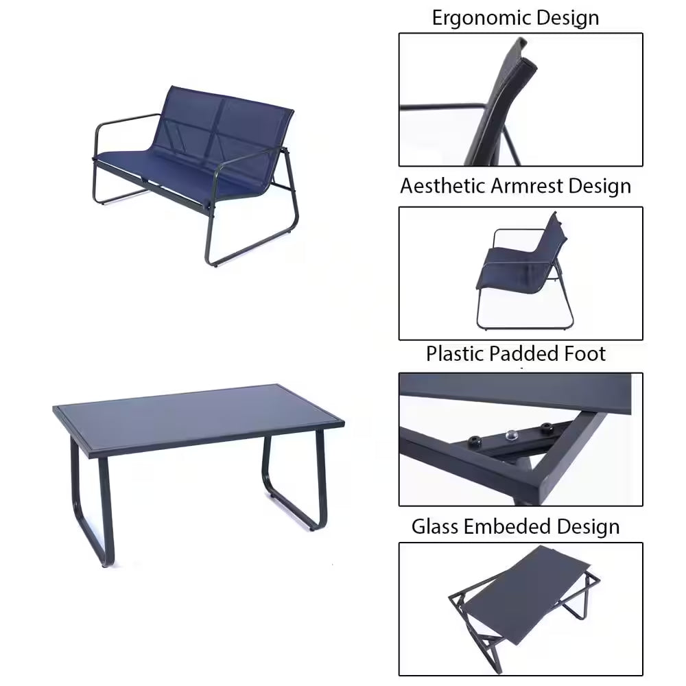 Gray 4-Piece Metal Patio Conversation Set with Blue Breathable Textilence Seating