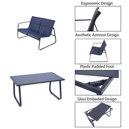 Gray 4-Piece Metal Patio Conversation Set with Blue Breathable Textilence Seating