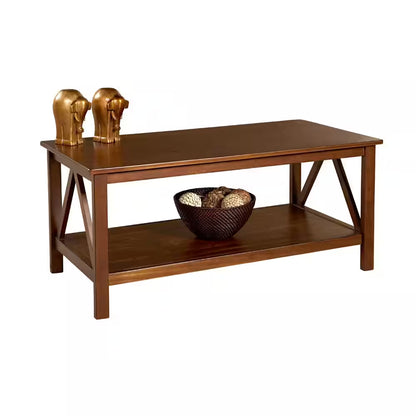 Titian 44 In. Antique Tobacco Rectangle Wood Top Coffee Table with Shelf